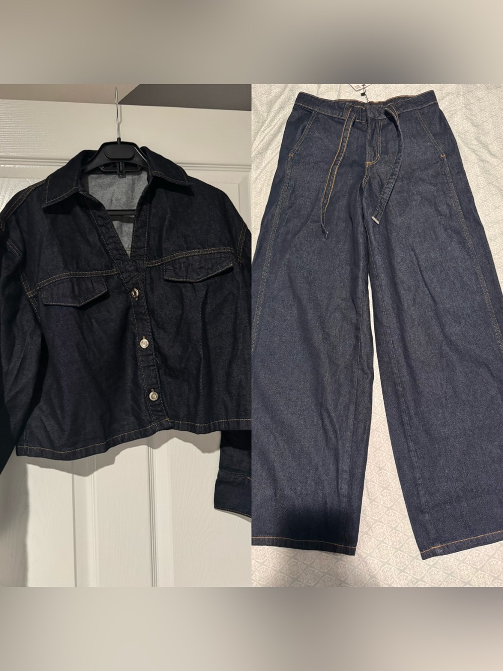 Zara Dark Blue Wide-Leg Denim Pants with Drawstring